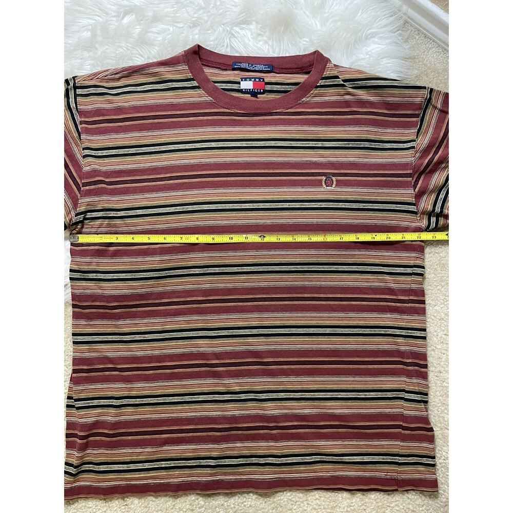 VTG Tommy Hilfiger Large Stripe T Shirt Crest Logo Prep Red White Black Brown - Picture 5 of 8